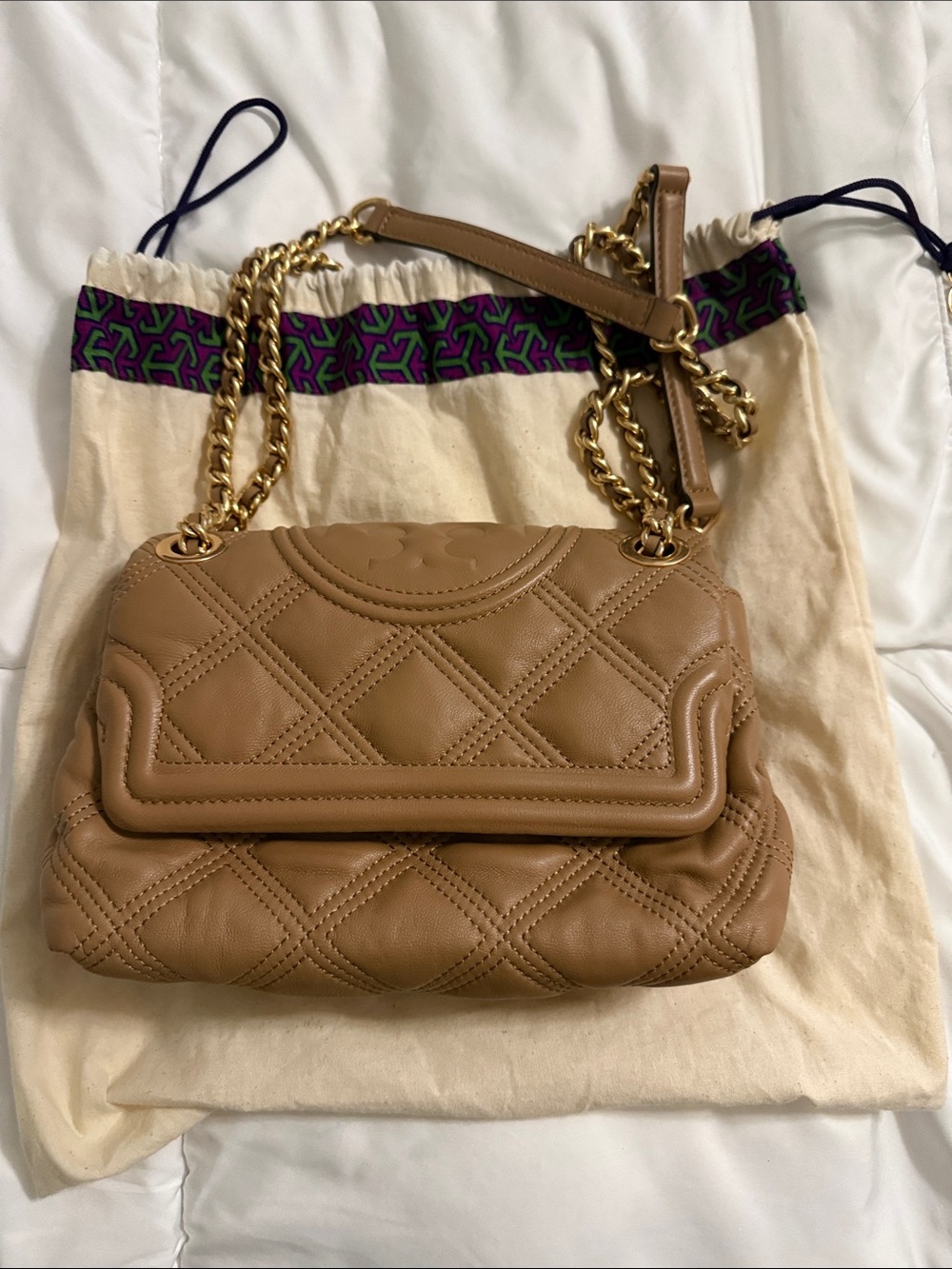 Tory Burch Quilted Tan Leather Shoulder Bag with Gold Chain